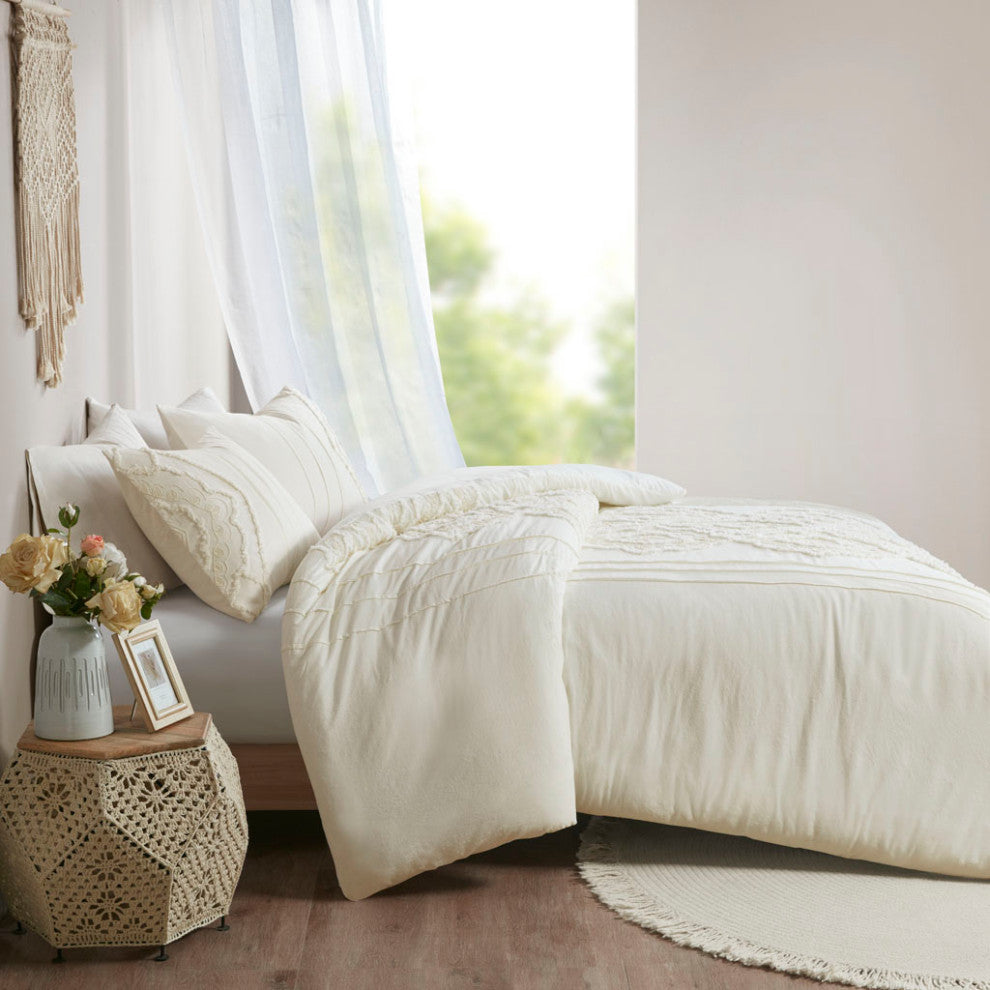 Madison Park Margot Geo Chenille 3-Piece Comforter/Duvet Cover Mini Set, Ivory