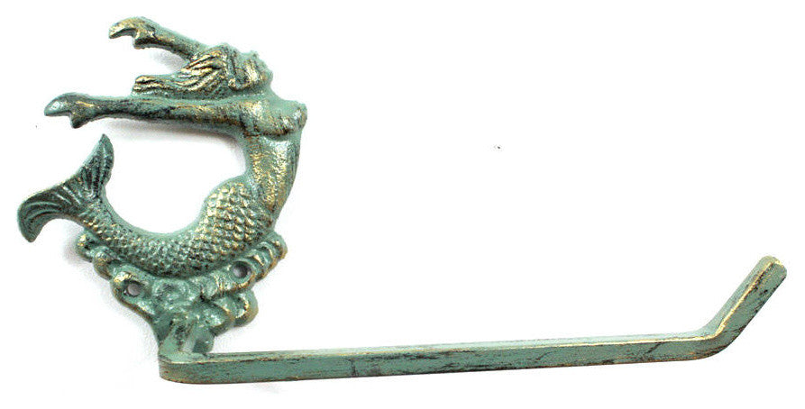 Antique Seaworn Bronze Cast Iron Decorative Arching Mermaid Toilet Paper Holder
