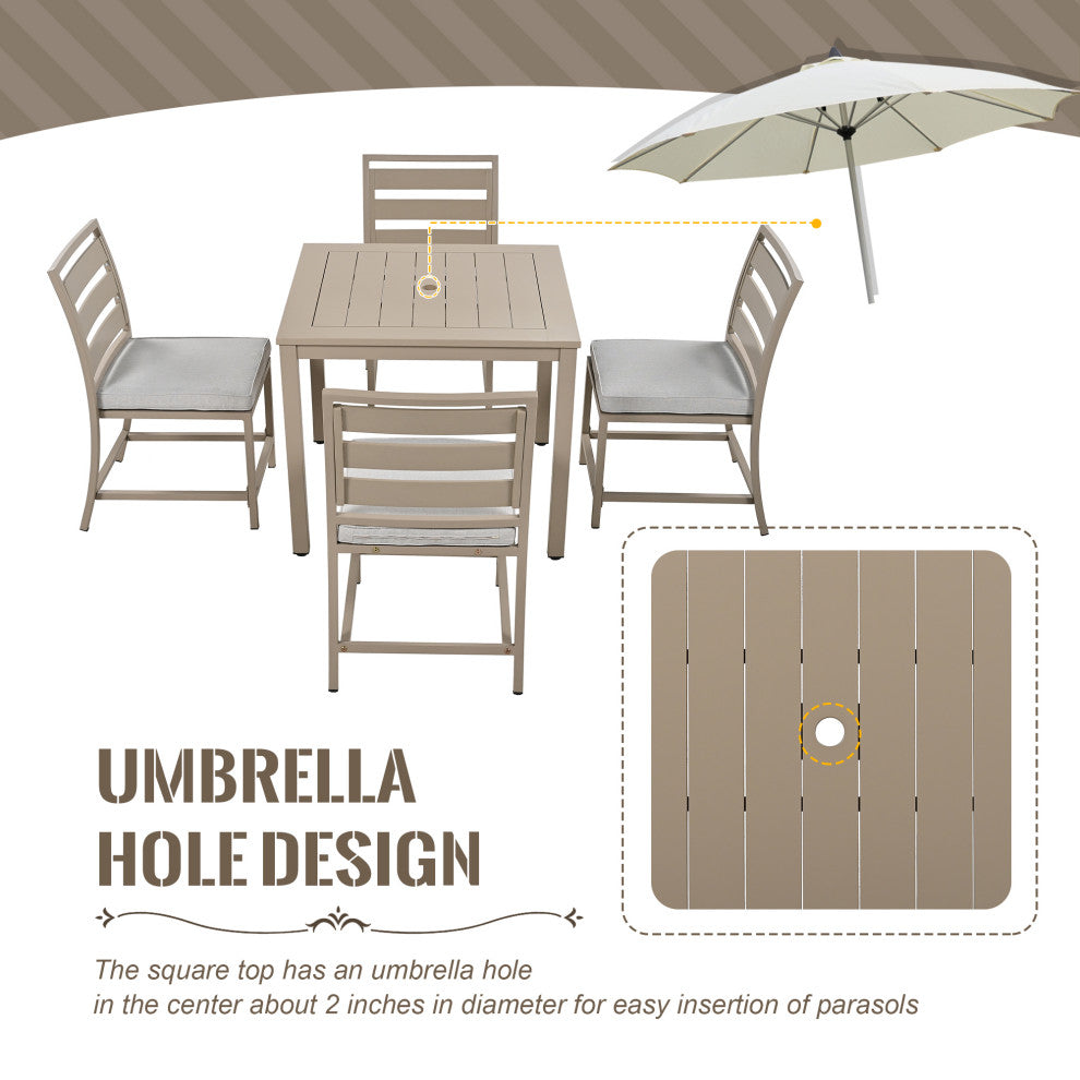 5-Piece Outdoor Steel Patio Dining Set with table and four chairs, Brown Gray
