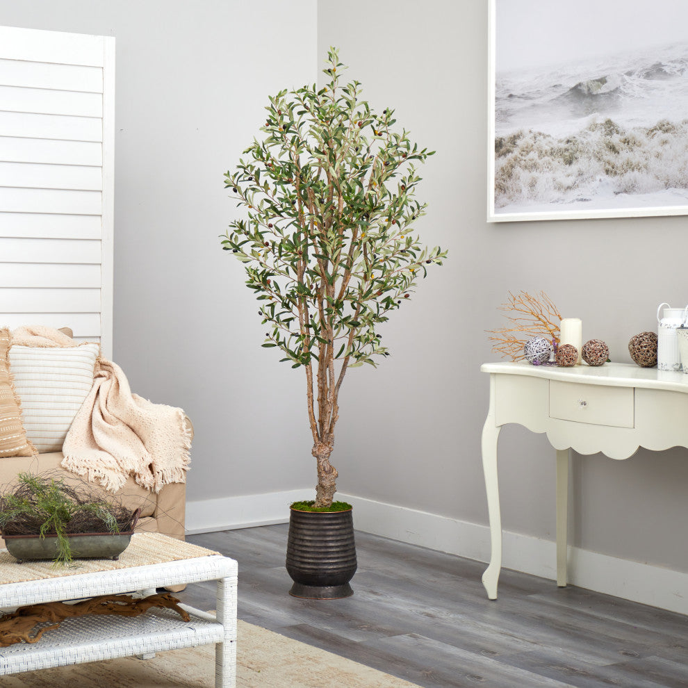 6.5' Olive Artificial Tree, Ribbed Metal Planter