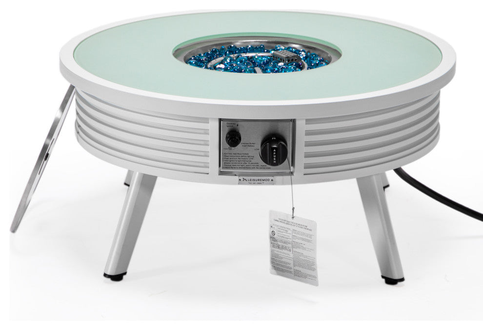 Leisuremod Walbrooke Patio Round Fire Pit Table With Aluminum Slats Frame, White