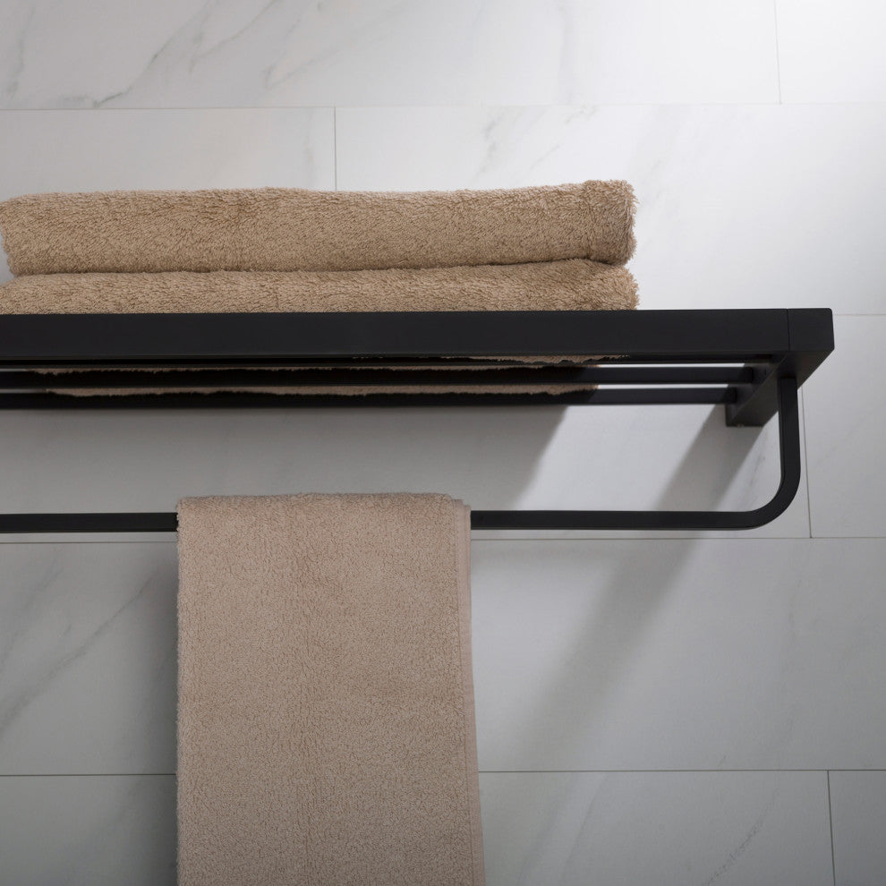 Stelios Bathroom Shelf with Towel Bar, Matte Black