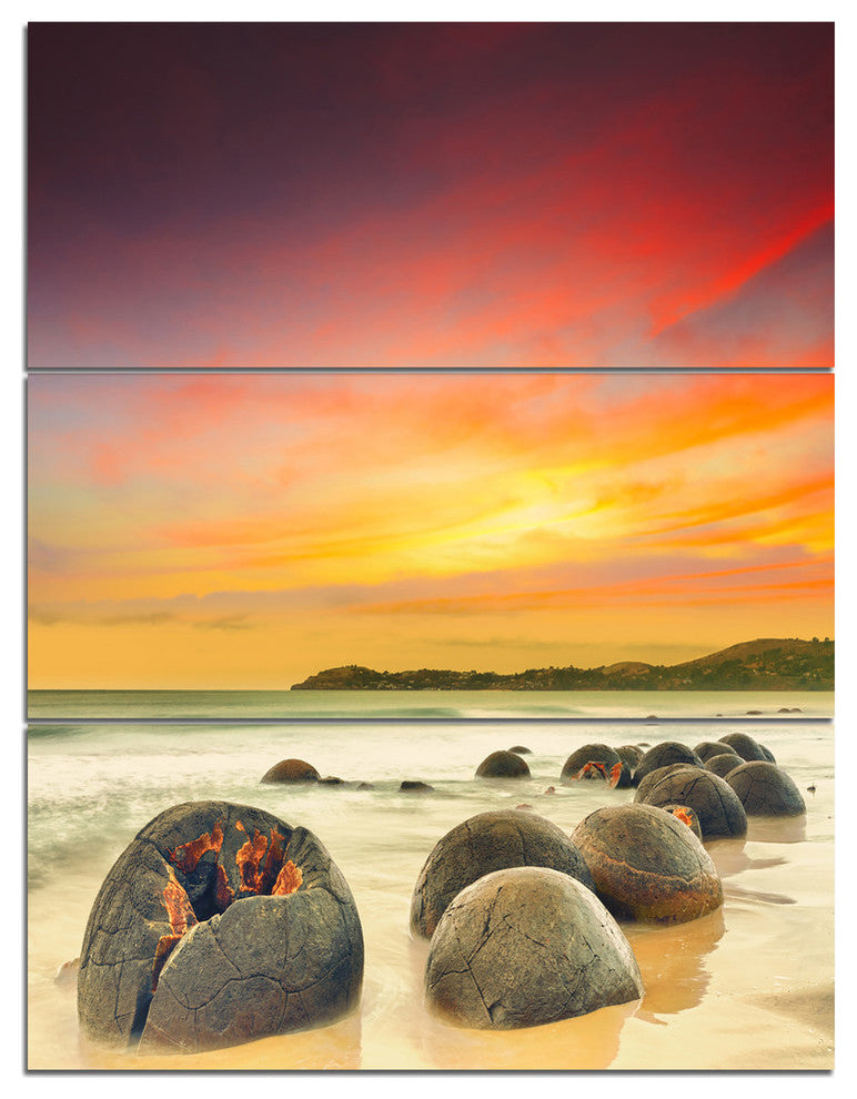 "Fantastic Moeraki Boulders View at Sunset" Metal Wall Art, 3 Panels, 28"x36"