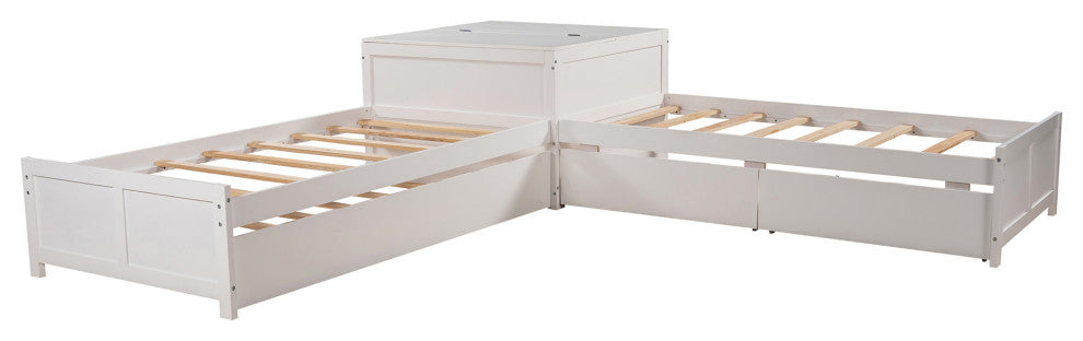 Twin Wood Frame Platform Bed with Trundle and Drawers , White, Twin
