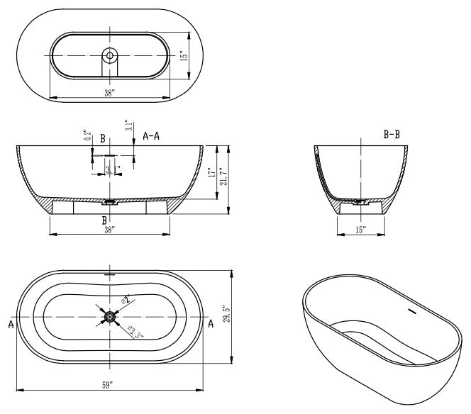 Solid Surface Freestanding Soaking Bathtub, Drain, 59"