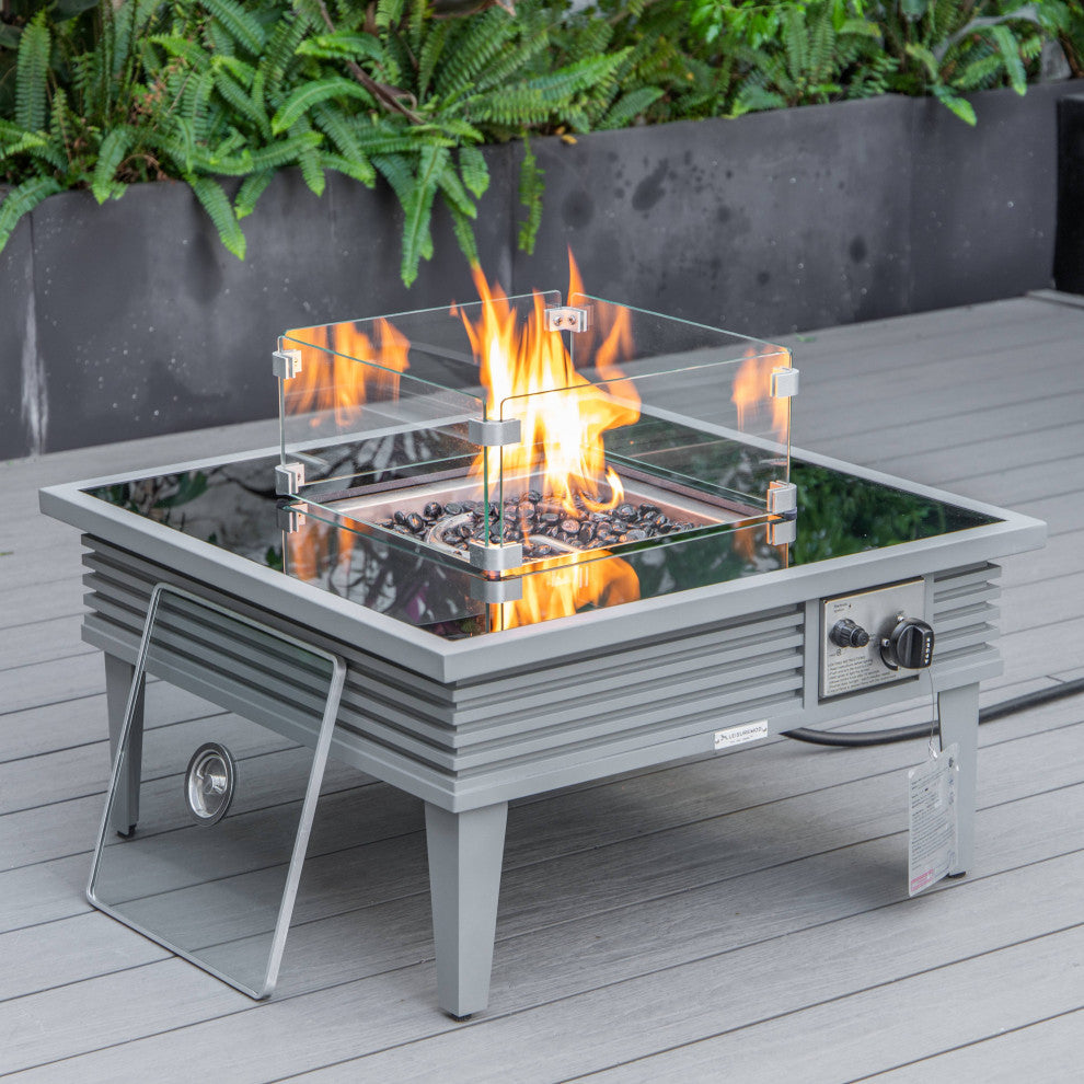 LeisureMod Walbrooke Gray Patio Conversation Set With Fire Pit, Red