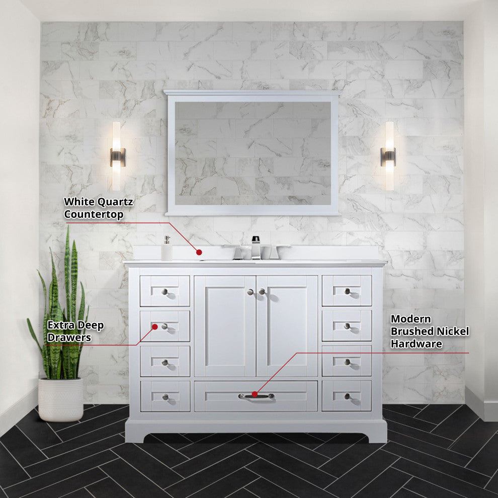 Dukes 48" White Single Square Sink Vanity with Quartz Top, With Mirror and Fauce
