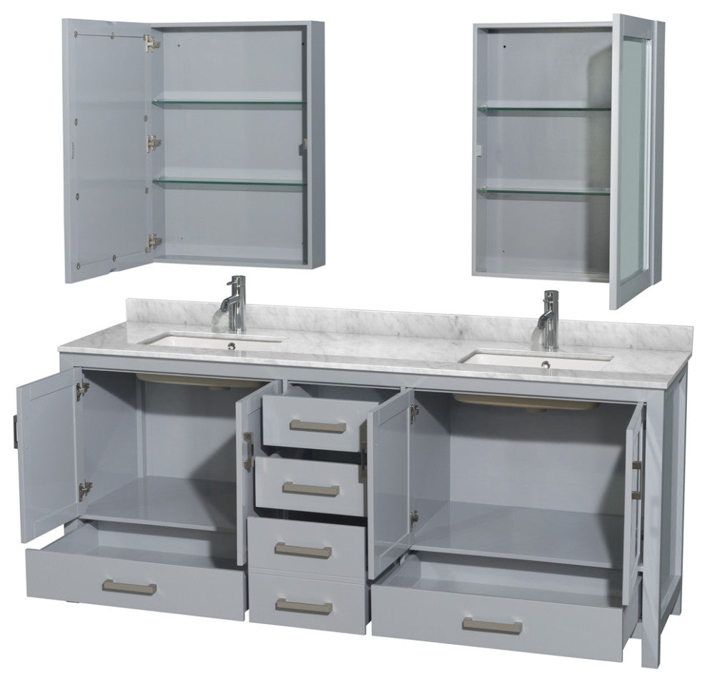 Wyndham WCS141480DGYCMUNSMED 80" Vanity in Gray + Carrera Marble and Square Sin