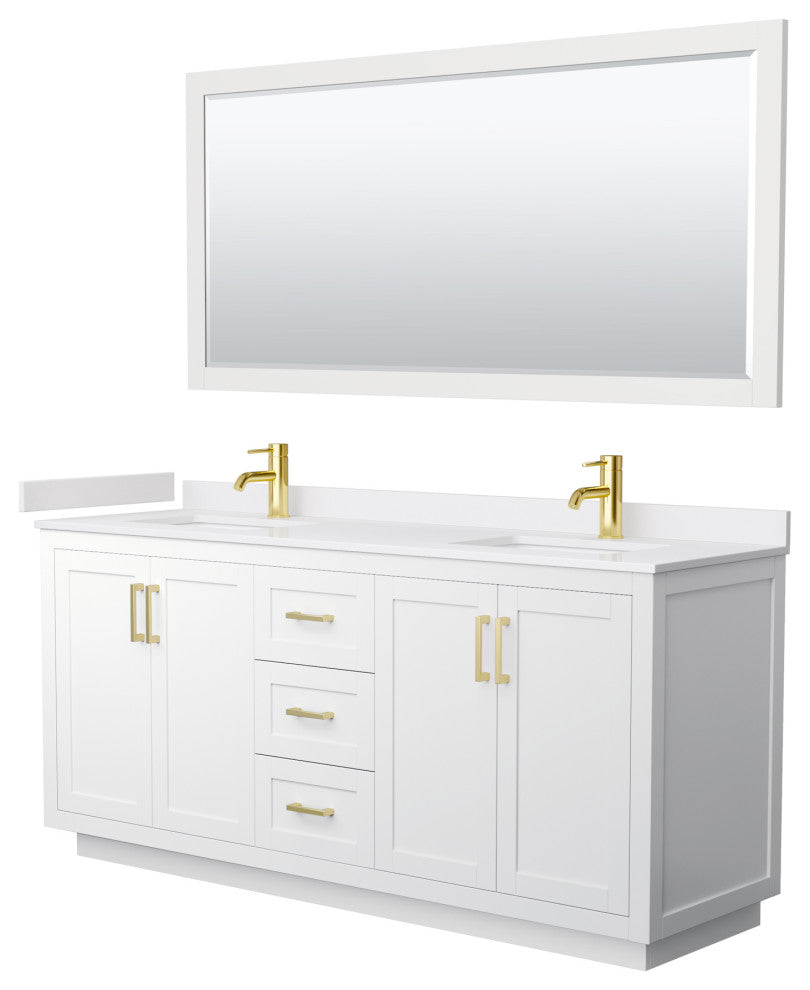 72"DBL Vanity White, White Cult. Marble Countertop, Sinks, Gold Trim, 70"Mirror