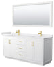 72"DBL Vanity White, White Cult. Marble Countertop, Sinks, Gold Trim, 70"Mirror