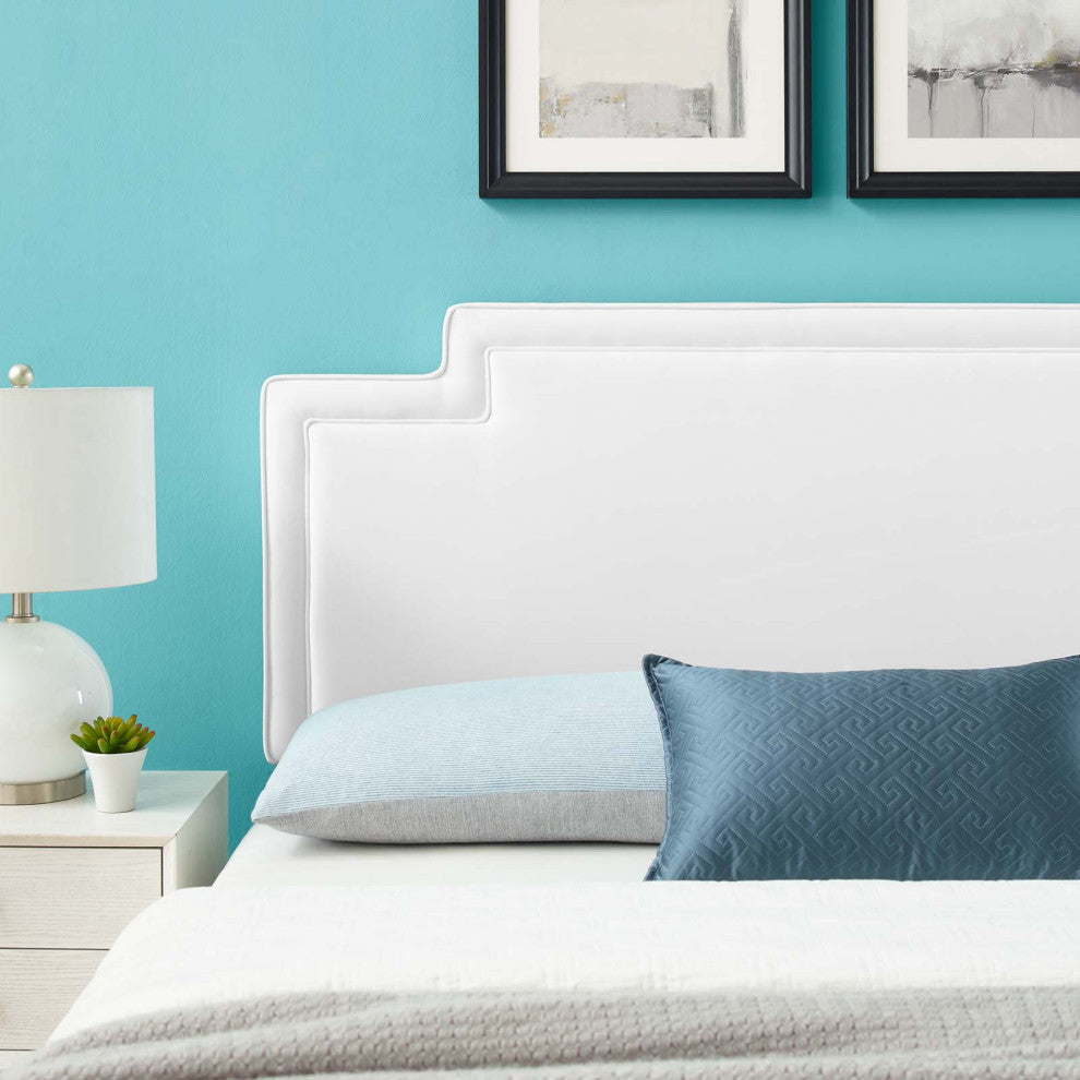 Headboard, Full Queen Size, White, Velvet, French, Mid Century Guest Suite