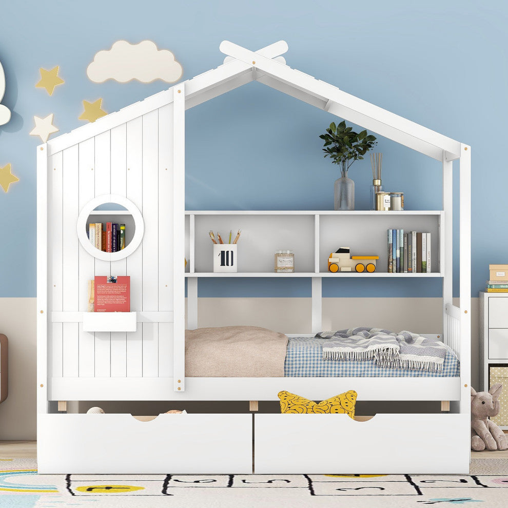 Gewnee  Wooden Twin Size House Bed with 2 Drawers