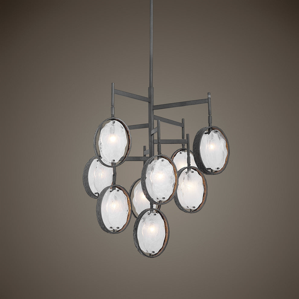 Mid Century Modern Glass Ovals Chandelier, 9 Light Bronze Gold White Abstract