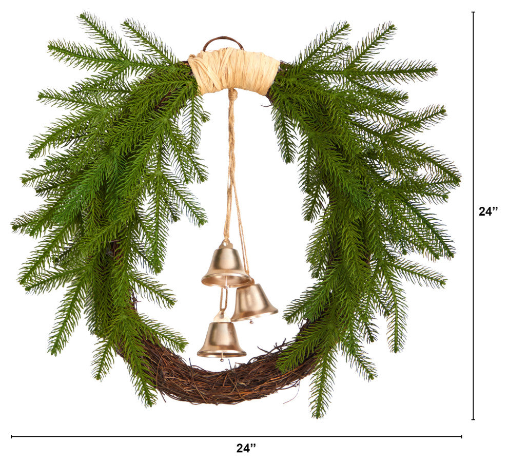 Nearly Natural W1276 24 Holiday Christmas Pine and Hanging Bells Wreath