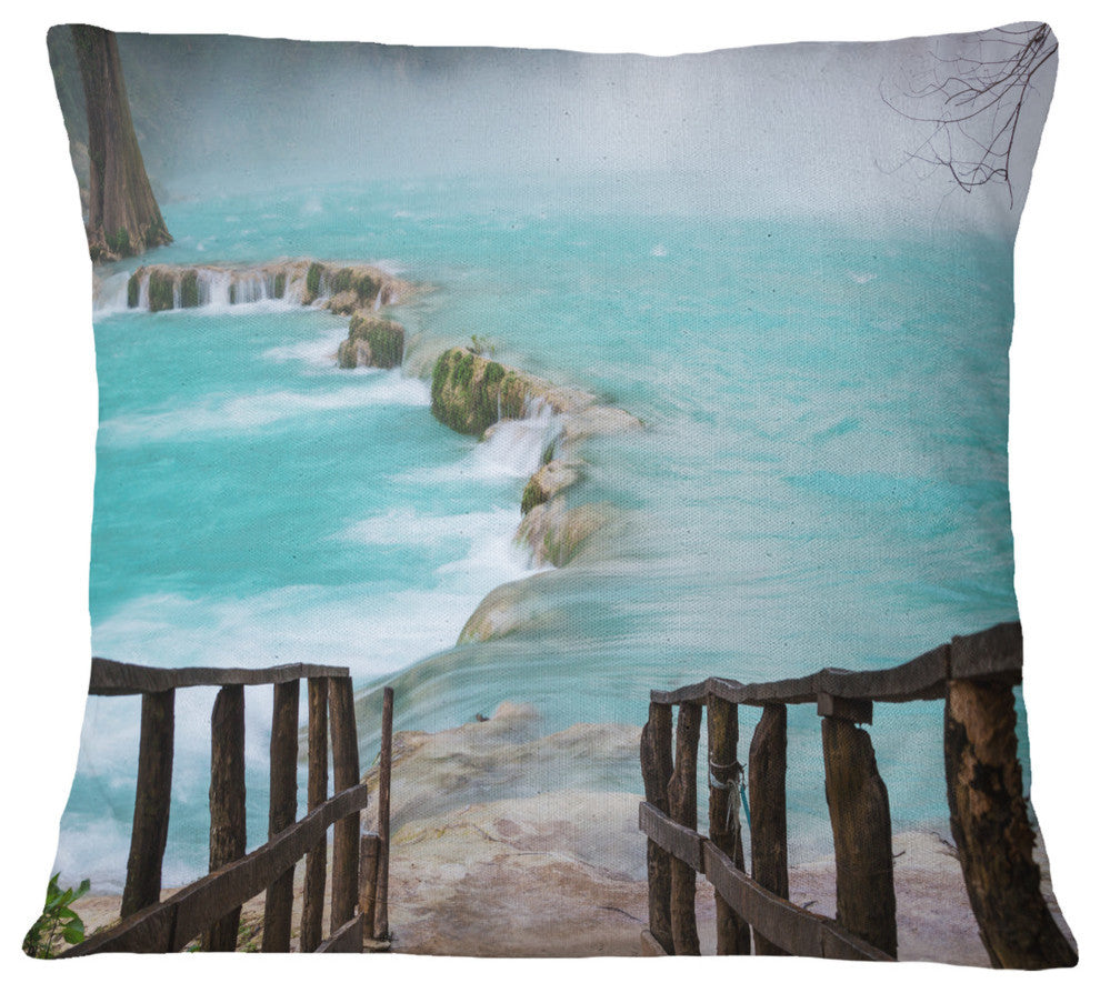 Old Bridge into Mexico Waterfall Seashore Throw Pillow, 18"x18"