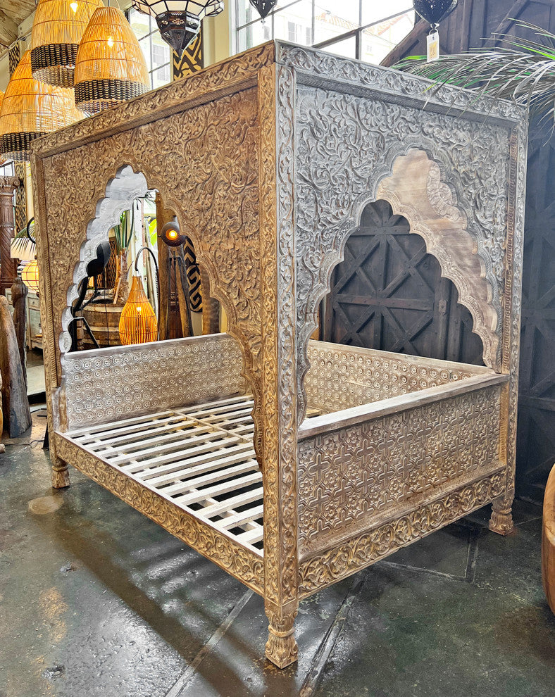 Carved White Wash Canopy Queen Daybed