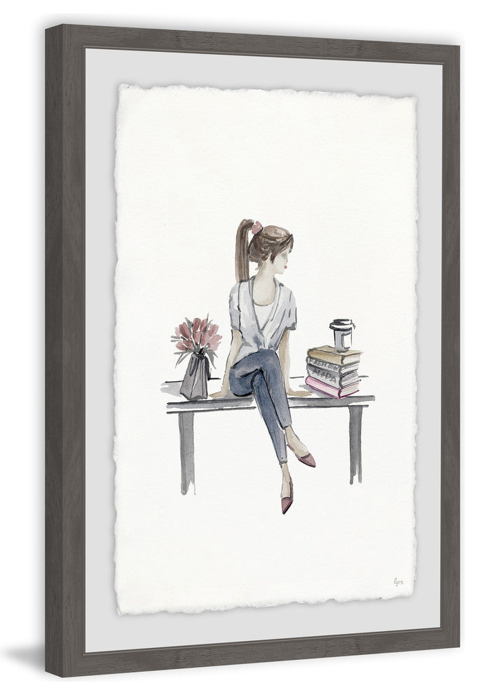 "Pretty Girl Sitting on a Bench" Framed Painting Print, 16"x24"