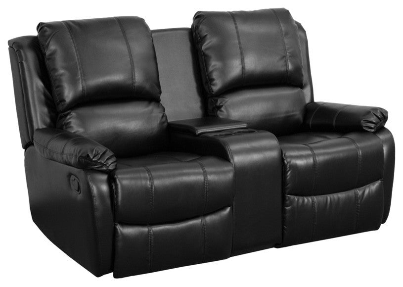 Modern 2-Seat Reclining Pillow Back Black Leather Theater Seating
