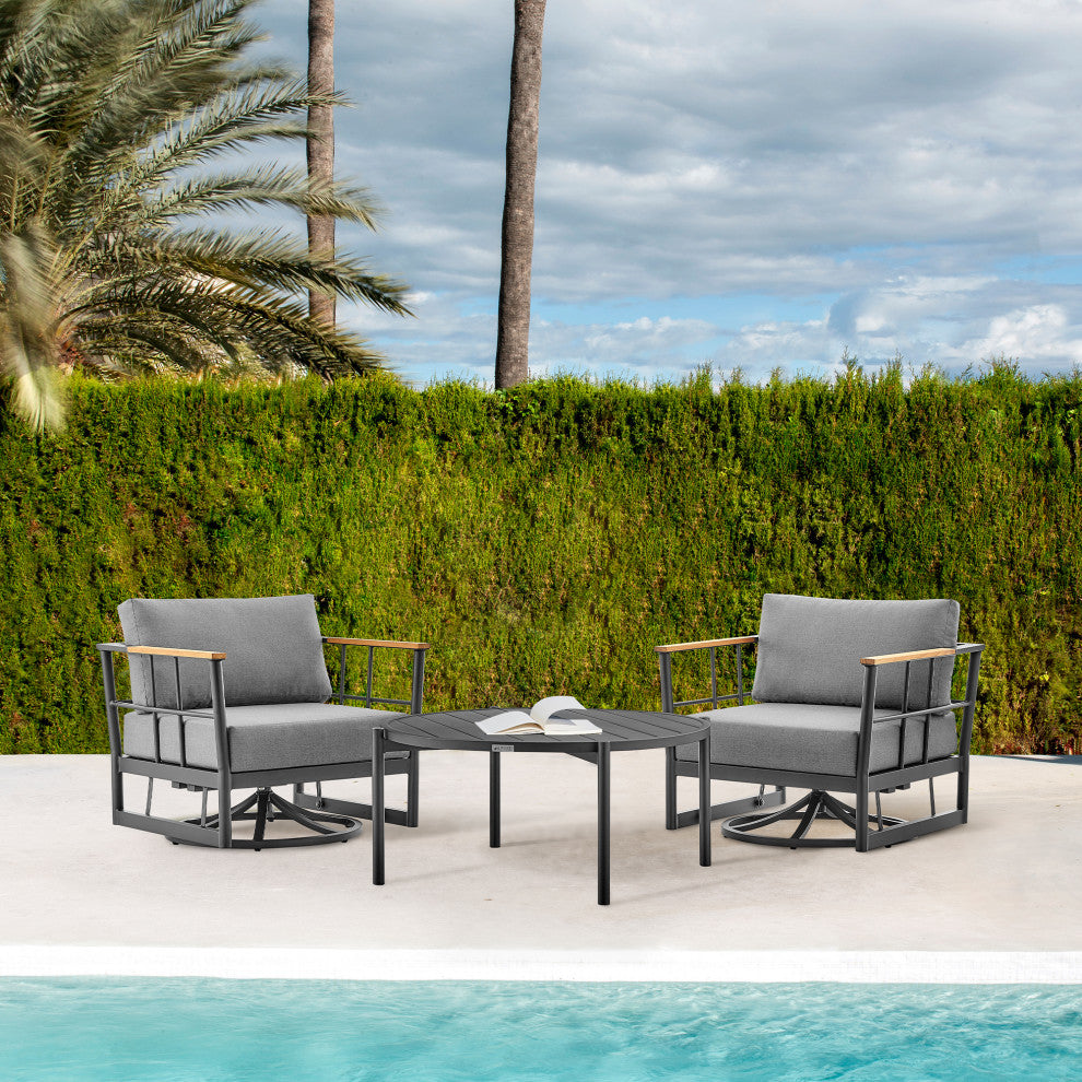 Shari Patio Swivel Glider Lounge Chair in Black Aluminum and Teak Wood