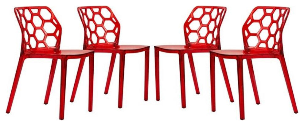 LeisureMod Dynamic Plastic Dining Side Chair Honeycomb Design in Red Set of 4
