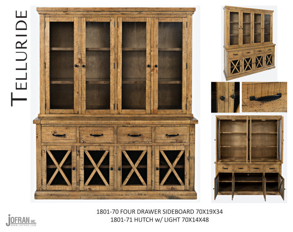 Telluride Rustic Distressed Pine Sideboard Buffet Hutch with LED Lights