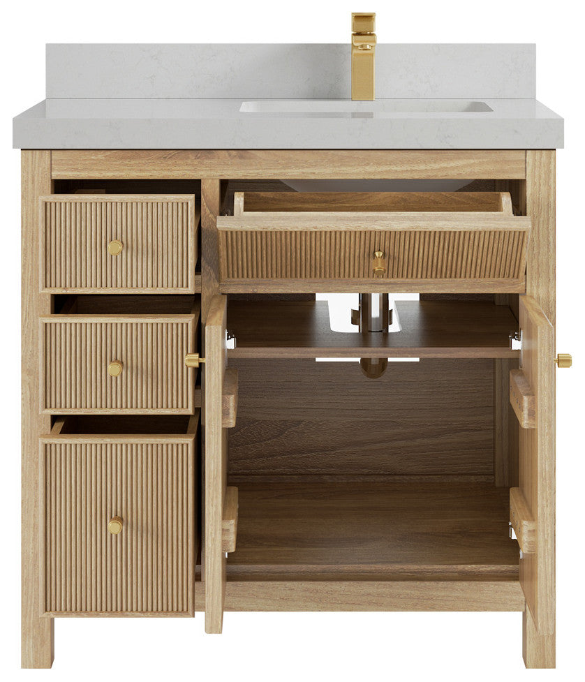 Sonoma 36 Right Offset Bath Vanity in Light Natural Teak with 2" Carrara Quartz