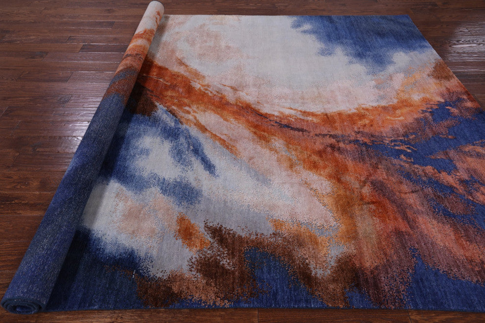 7' 11" X 9' 11" Abstract Hand Knotted Wool and Silk Rug Q9050