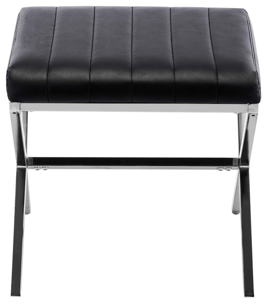 Channel-Tufted Faux Leather X Bench, Black