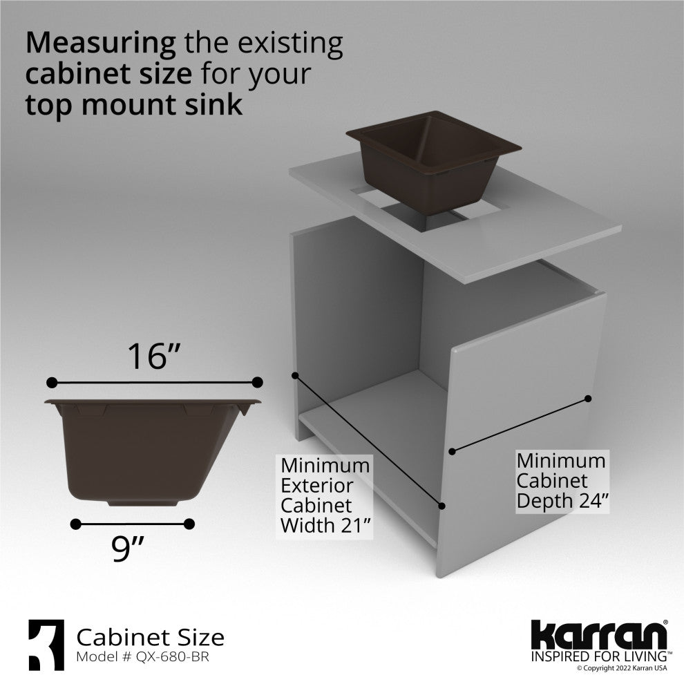 Karran Drop-in or Undermount Quartz 18" Single Bowl Kitchen Sink, Brown