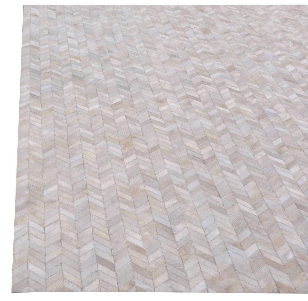 Mosaic Leather Cowhide Ivory Area Rug, 5'x8'