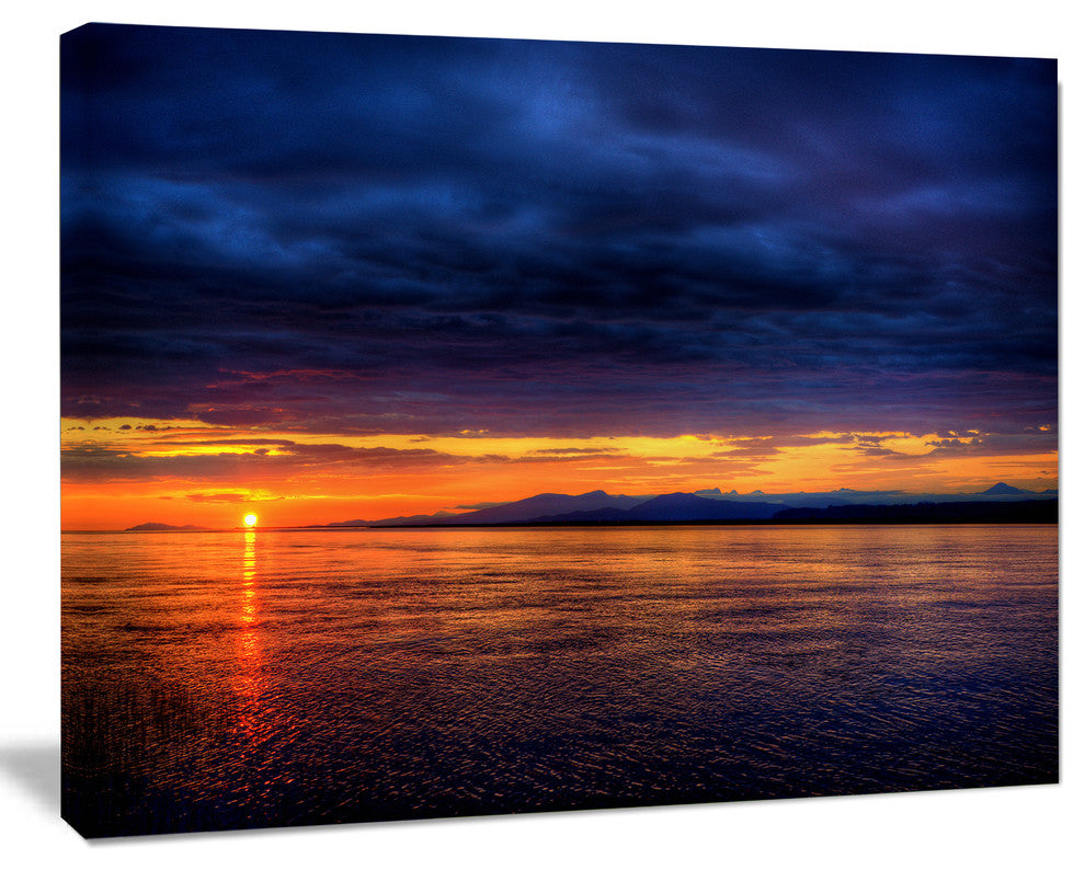 Blue Cloudy Sky and Setting Sun, Seashore Photo Canvas Art Print, 20"x12"