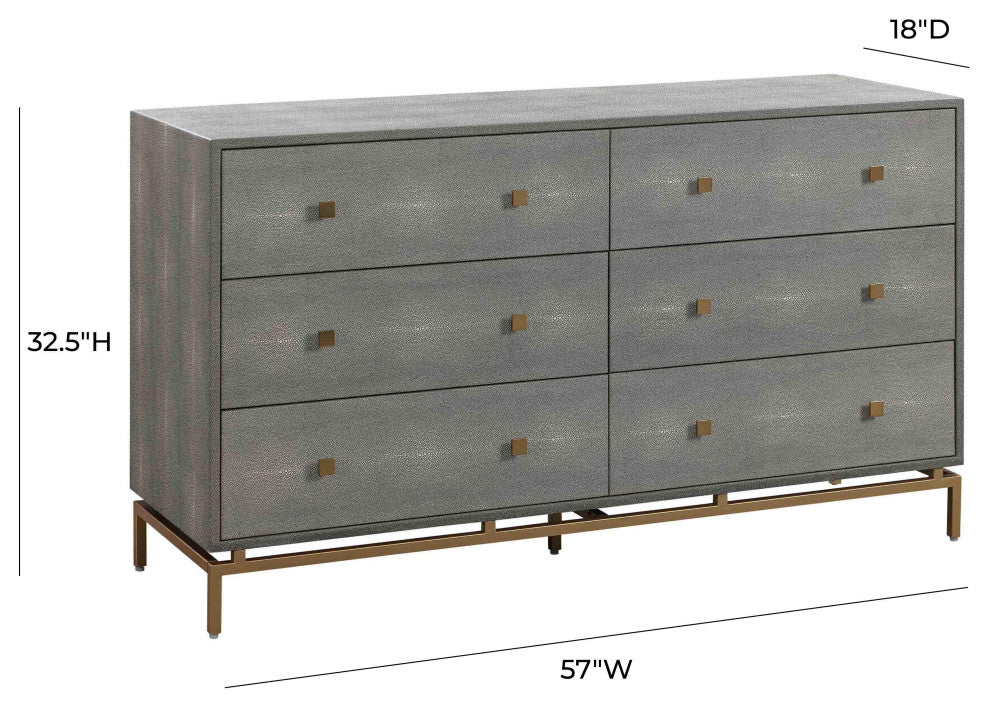 Pesce Shagreen 6 Drawer Dresser, Modern Grey Luxe Glam Buffet