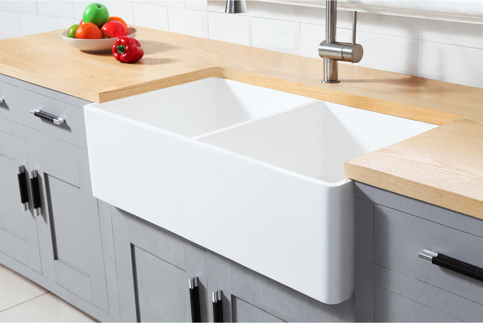 Gourmetier Double Bowl Farmhouse Kitchen Sink, Matte White