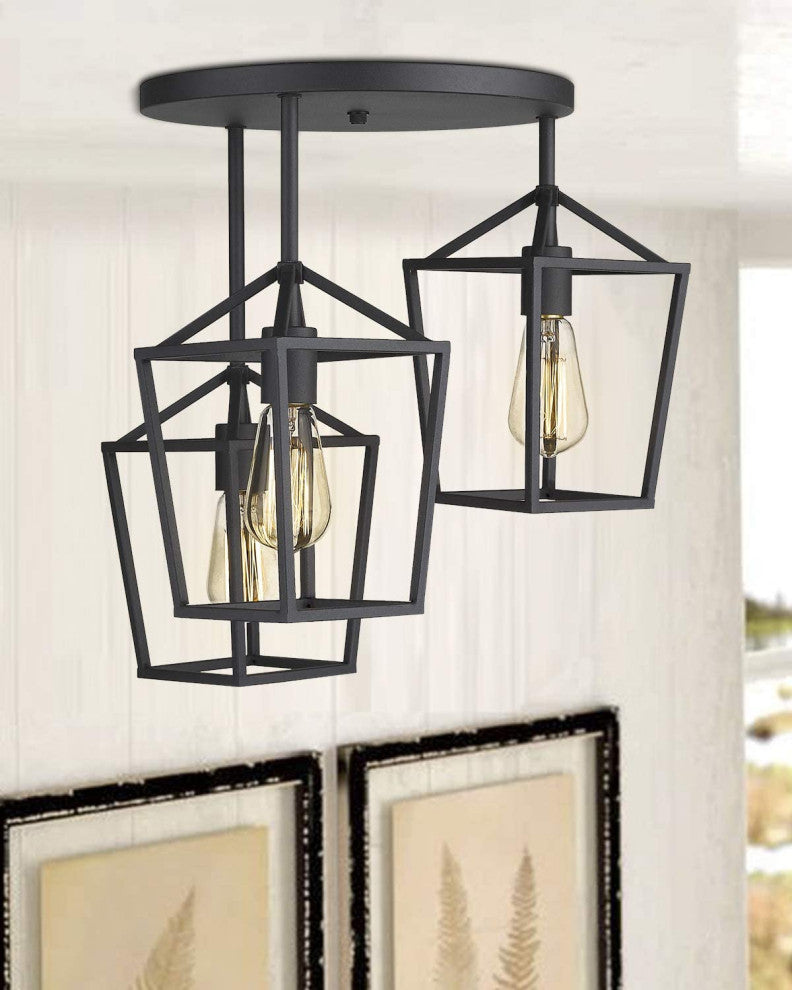 3 Light Black Ceiling Light, Metal Cage, Semi Flush Mount Light Fixture