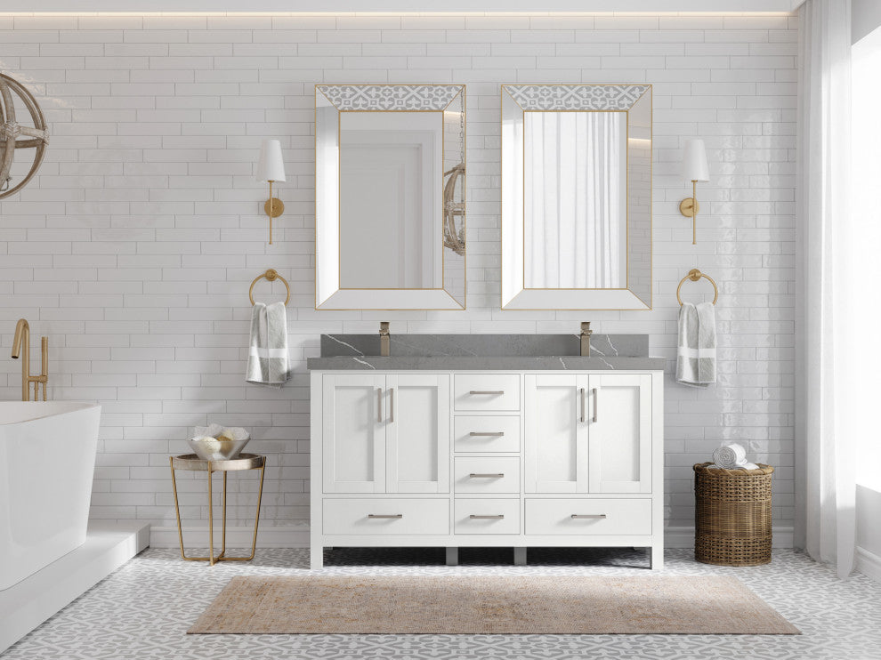 Malibu 60 Double Sink Bathroom Vanity in White  2" Piatra Gray