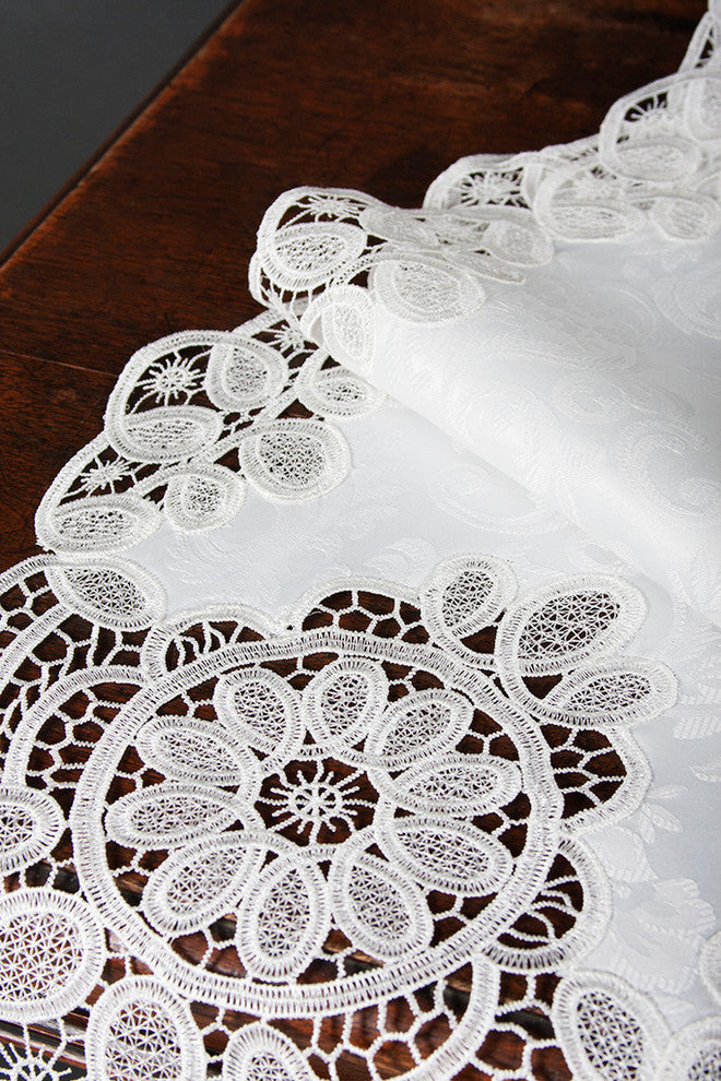 Antebella Lace Embroidered Cutwork Table Runner, White, 15"x70"