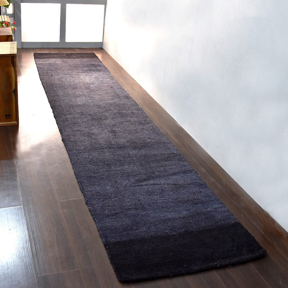 HAND KNOTTED LOOM SILK ECO-FRIENDLY RUG-Runner,Charcoal Black, Contemporary