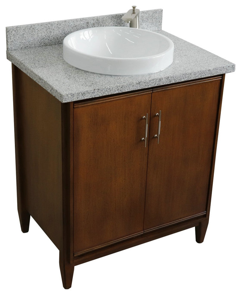 31" Single Sink Vanity, Walnut Finish, Gray Granite With Round Sink