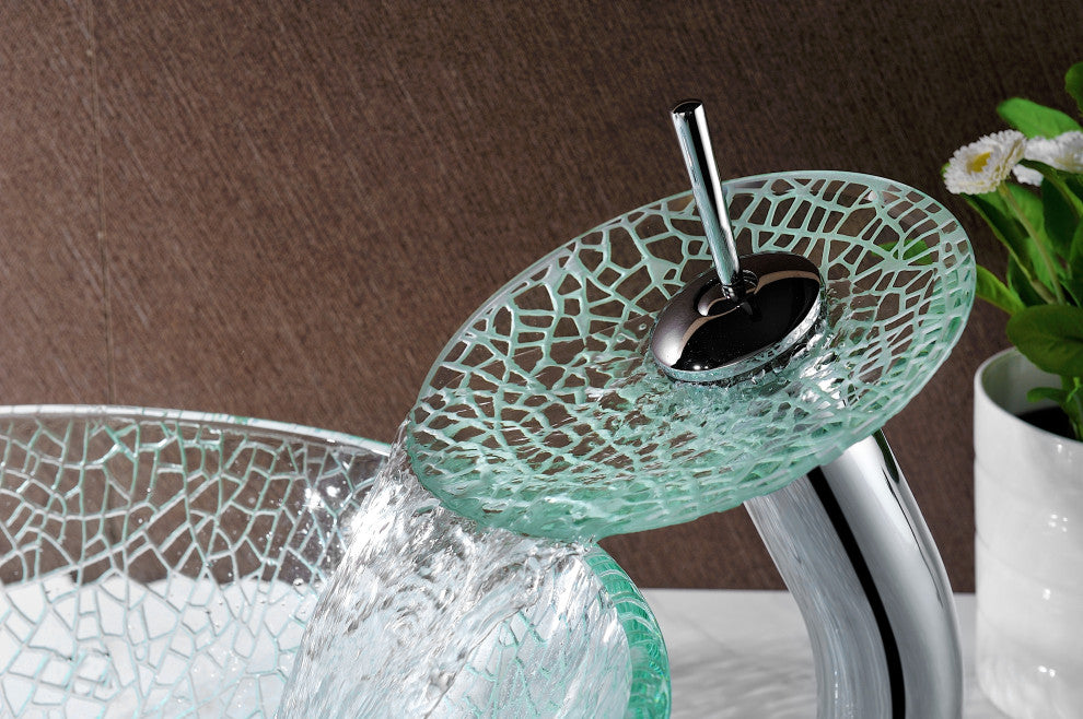 ANZZI Paeva Glass Vessel Sink, Clear Chipasi with Waterfall Faucet