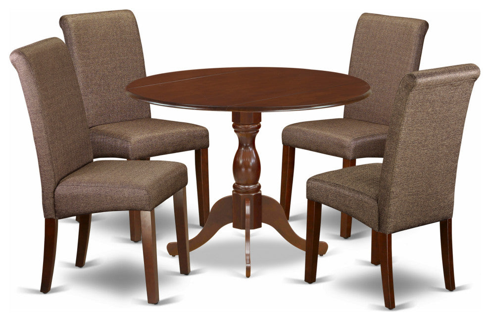 5 Pc Dining Set, 1 Drop Leaves Kitchen Table, 4 Brown Chair, Mahogany