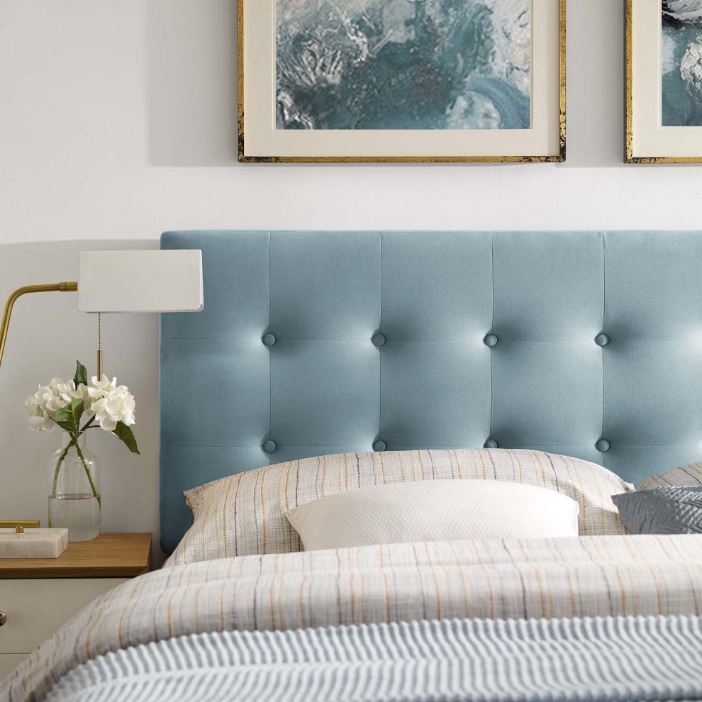 Contemporary Modern Full Size Tufted Headboard, Velvet Fabric, Light Blue