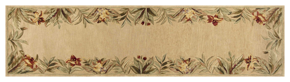 10' Ivory Hand Tufted Bordered Tropical Plants Indoor Runner Rug