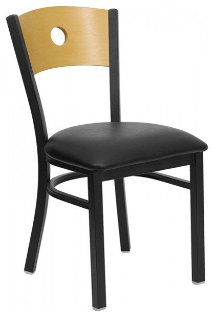 Black Circle Back Metal Restaurant Chair, Natural Wood Back, Black Vinyl Seat