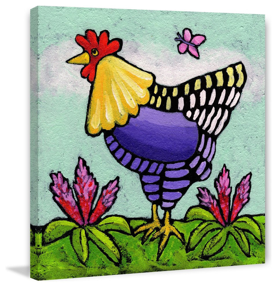 "Hen with Rooster Tails" by Janet Nelson Print Wrapped Canvas, 32x32