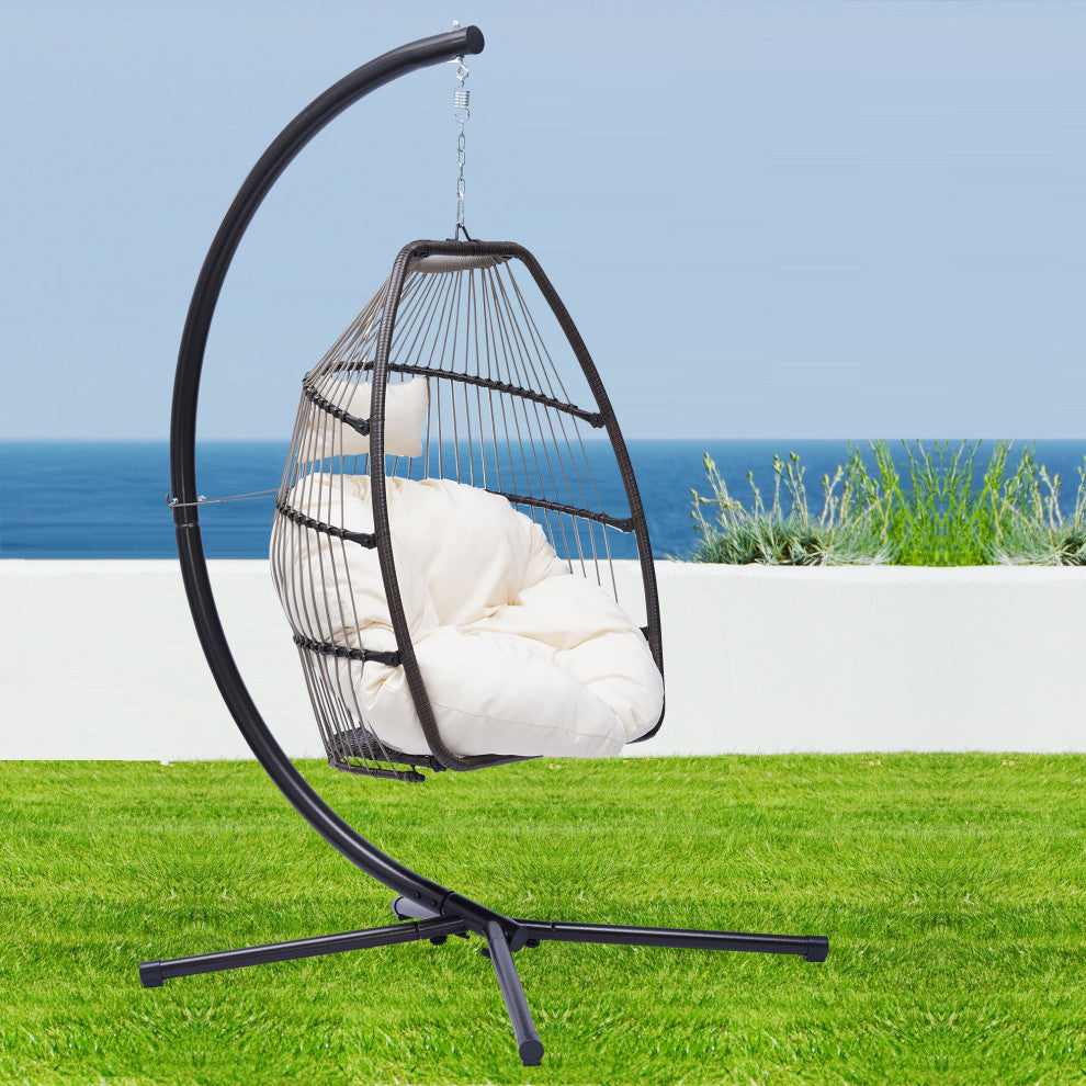 Outdoor Patio Wicker Folding Swing Chair Hanging With Bracket and Cushion Pillow