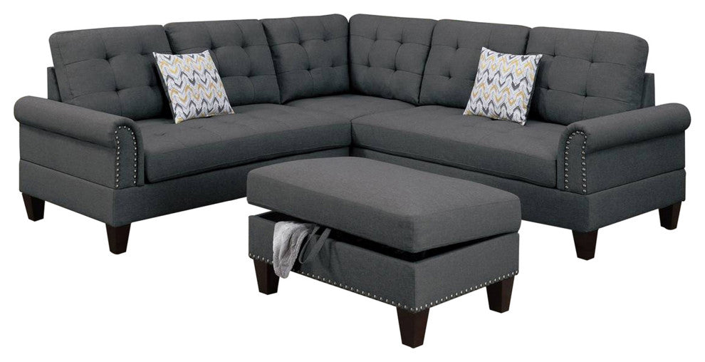 Benzara BM268876 3 Piece Sectional Sofa With Ottoman/Tufted Details, Dark Gray