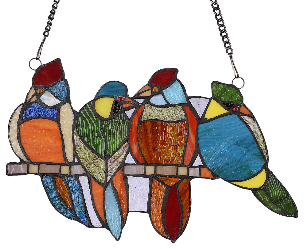 Chloe Lighting Cardinal Family Tiffany-Style Animal Design Window Panel 14"x9"