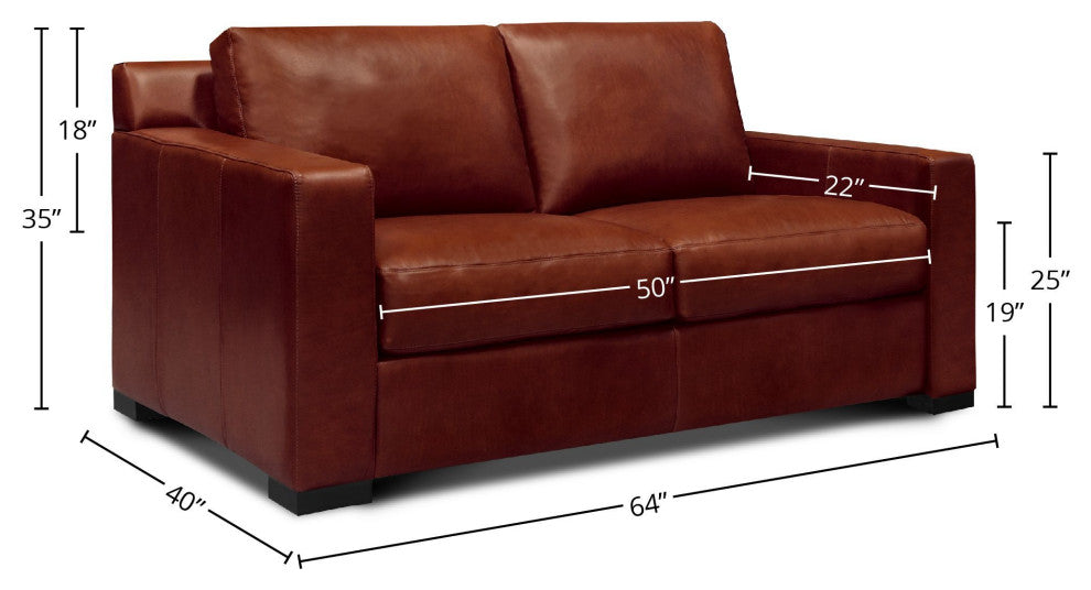 Santiago 100% Top Grain Leather Mid-century Loveseat, Russet Red-Brown