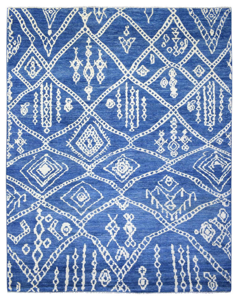 Blue Boujaad Moroccan Berber Pure Wool Hand Knotted Oversized Rug, 12'2"x15'2"