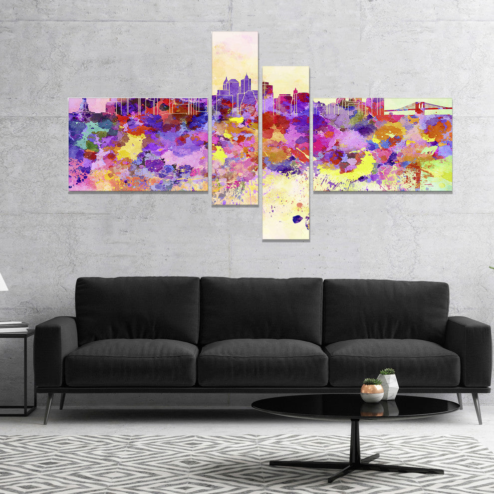 Purple New York Skyline, Cityscape Canvas Art Print, 60"x32", 4 panels